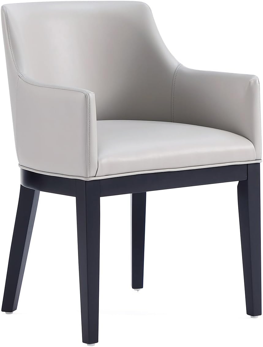 Manhattan Comfort Gansevoort Modern Faux Leather Dining Chair with Arms, Leatherette Upholstery on Solid Beech Wood Frame, Accent Furniture for Kitchen Table or Office, Set of 1, Light Grey
