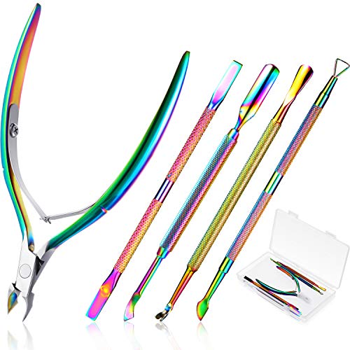 5 Pieces Rainbow Color Nail Care Manicure Kit with Transparent Storage Box, Cuticle Trimmer Nipper Cuticle Pusher and Cutters Nail Polish Removers Stainless Steel Manicure Tool for Fingernail Toenail