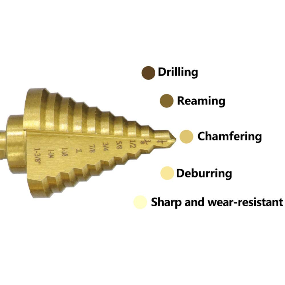 Step Drill bit Juego de Brocas escalonadas HSS con Revestimiento de Titanio, Broca cónica escalonada con punzón Central, Broca de núcleo Imperial, perforación de Orificios de Metal