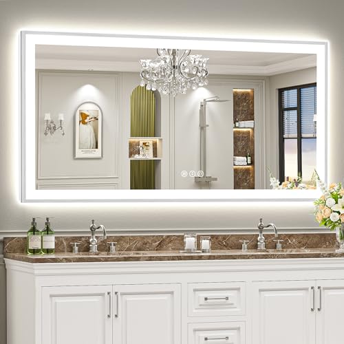 Image of 72x36 Brushed Nickel LED Bathroom Mirror with Lights, Backlit & Front-Lit, Anti-Fog, Framed Lighted Vanity Mirrors for Bathroom Wall, Dimmable, 3 Colors, Memory, Shatter-Proof, Tempered Glass