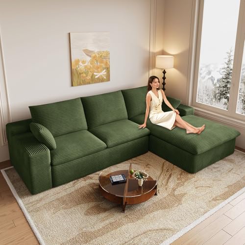 Image of 107 inch Cloud Couch Modular Sectional Sofa for Living Room, L-Shape Boneless Couch with Deep Seat, Modern Corduroy 3-Seater, No Assembly Required (Green,Right-Facing Chaise)