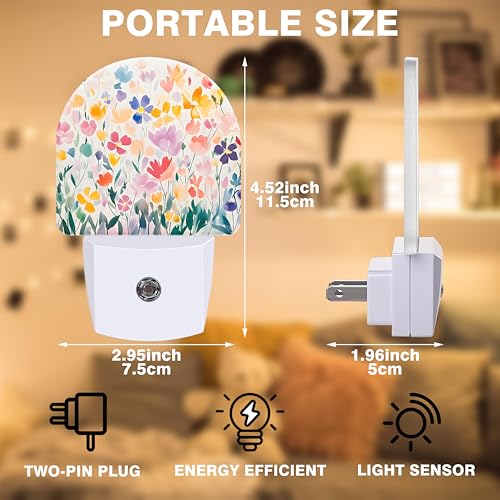 Image of Night Lights Plug into Wall Watercolor Floral Night Light Dusk to Dawn Smart Sensor Decorative Round Led Lamp for Bedroom Kitchen Hallway Nightlight for Women Men
