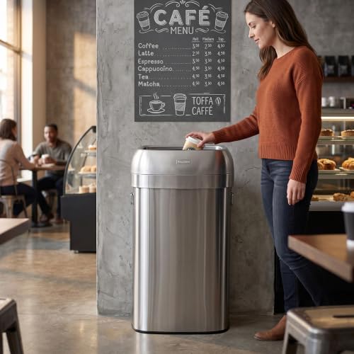 Image of iTouchless 30 Gallon 114L Oval Open Top Stainless Steel Extra-Large Commercial Trash Can with Wheels, 2 AbsorbX Odor Filters | ADA Compliant Bin for Restaurant Restroom Hotel Office Healthcare Retail