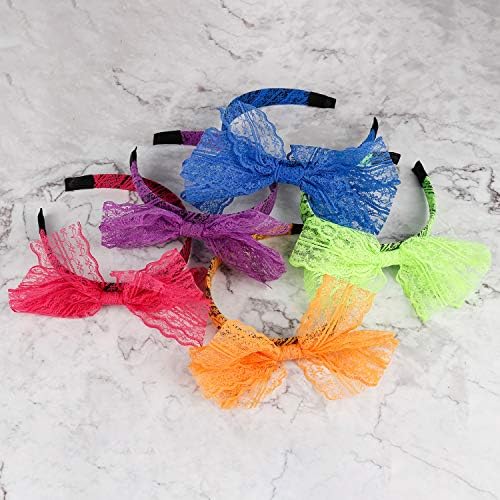 WBCBEC 5 Items 80's Lace Headband Costume Equipment for 80s Theme Celebration, No Headache Neon Lace Bow Headband 2 51pjb6IssjL. AC