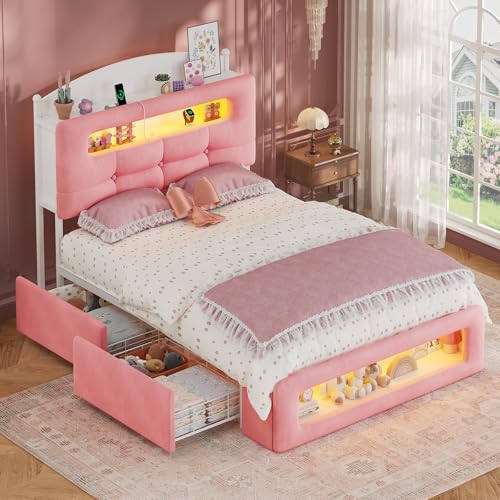 UPOSOJA Twin Size Upholstered Platform Bed Frame with 2 Drawers LED Lighting Storage Headboard and Footboard Remote/App Control No Box Spring Needed Pink (Twin)
