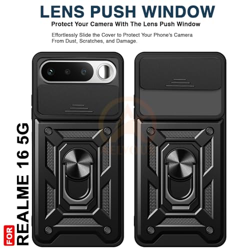 Image of Armor Bumper Back Cover Case for Realme 16 5G | Rotating Camera Cover, Ring Holder & Kickstand | Heavy Duty & 360 Degree Protection Realme 16 5G Back Cover (Black)