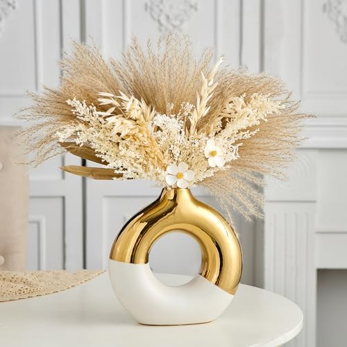 Ceramic Donut Vase, 8" L x 8" H White and Gold Large Vase