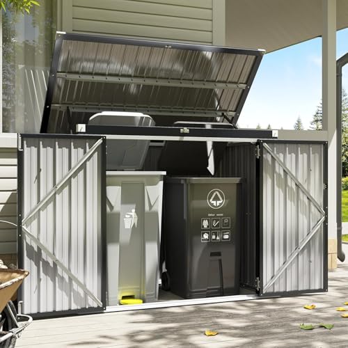 60 Cu.Ft Outdoor Trash Can Storage Shed - Metal Waterproof Outdoor Garbage Can Organizer with Chain Lid Ideal for Trash Bins Toys Garden Tools for Garden/Backyard/Patio Black