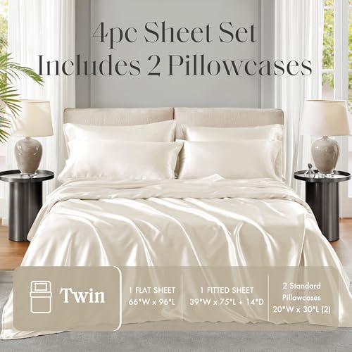 Image of Madison Park Essentials Satin Sheets Twin Size Bed Set, 4 Piece, Ivory | Luxury and Smooth Silky Bedding with Natural Sheen, All Around Elastic 14 inch Pocket fits up to 16 inch Mattress, Year-Round Cozy