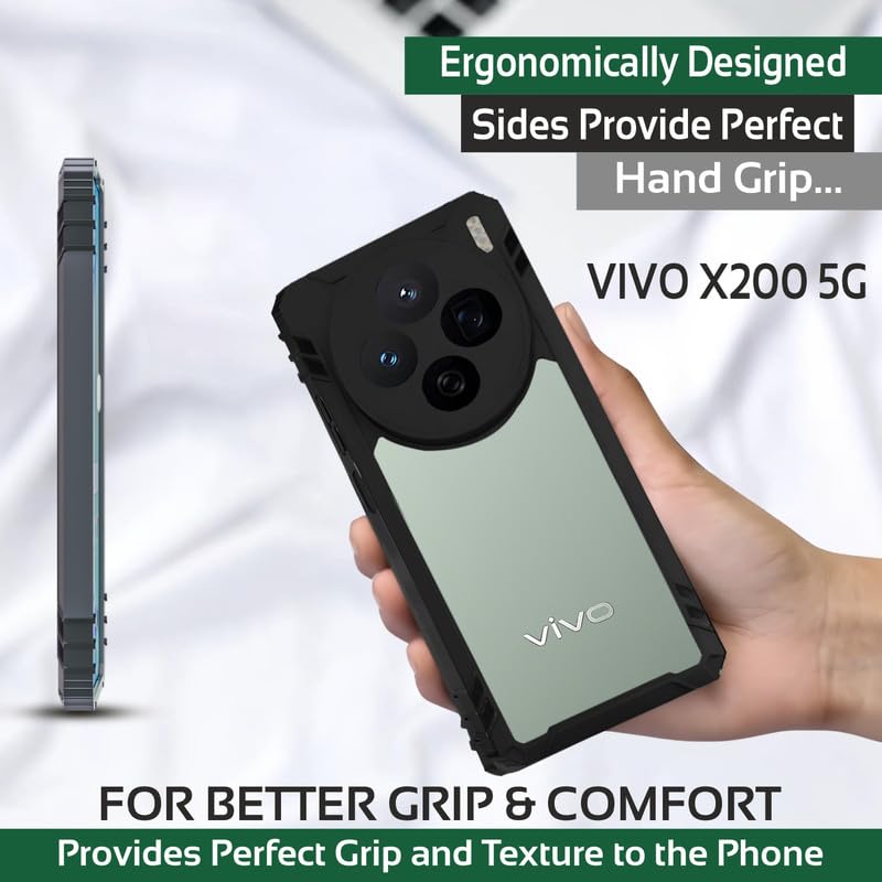 Image of AIBEX Crystal Clear Back Cover Case for Vivo X200 5G| 360 Degree Protection | Shock Proof Design | Transparent Back Case for Vivo X200 5G (PC & TPU, Black Bumper)