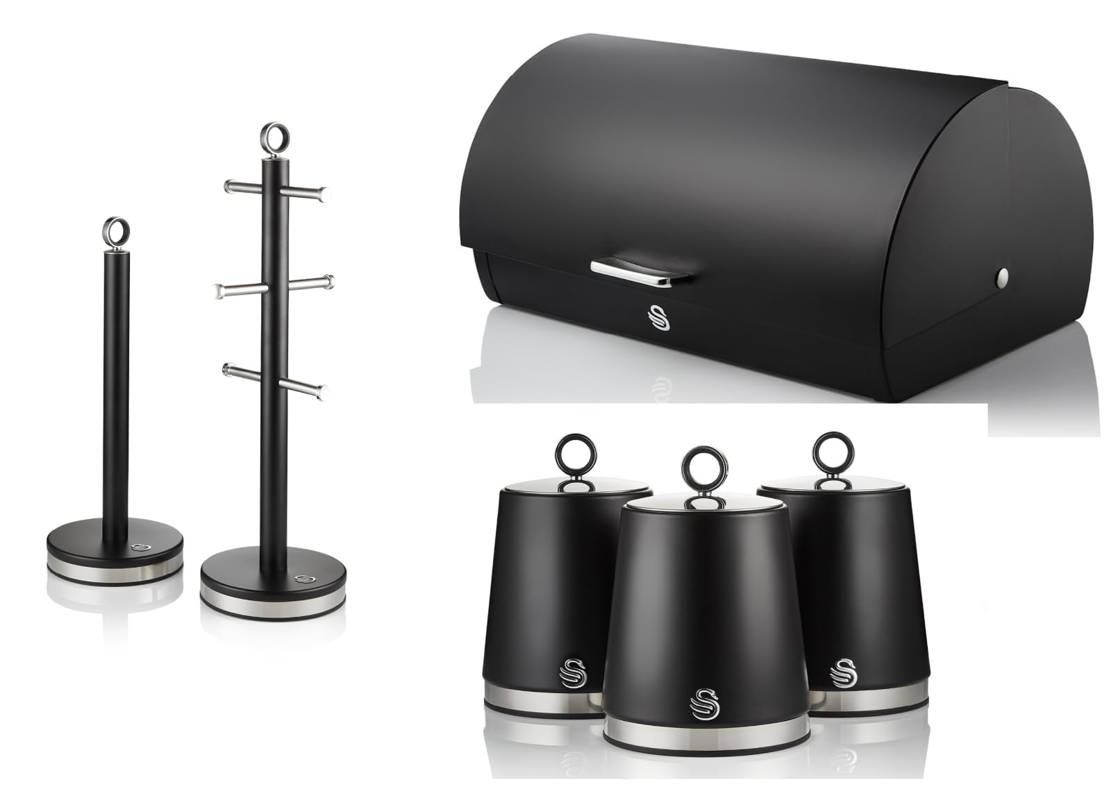Swan Black Serenity Bread Bin, Tea, Coffee, Sugar Canisters, Mug Tree & Towel Pole In With Polished Stainless Steel Accents. Beautiful Design Kitchen Storage Set Of 6 With A Sleek Finish