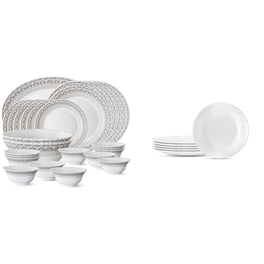 Larah by Borosil Classic Opalware Dinner Set, 27-Pieces, White+Larah By Borosil 11 inch Full Plate - Set of 6 - White (B09996J52X) Amazon Price History, Amazon Price Tracker
