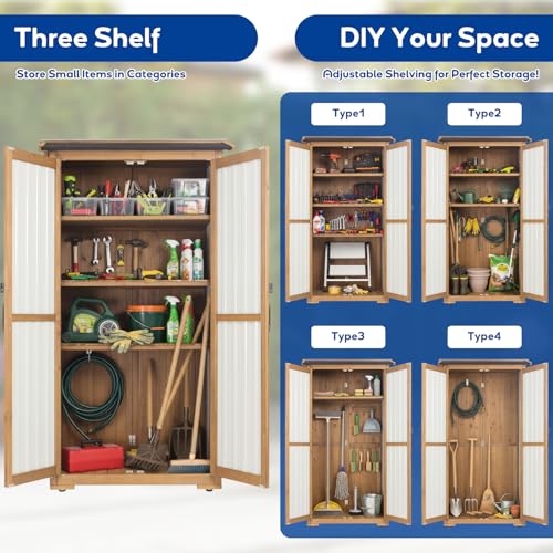 Image of Storage Cabinet Outdoor Garage Cabinets with 3 Adjustable Shelves, Lockable Door, Wood & Metal Weather-Resistant Pantry Cabinet for Patio Garden Home Farm (33.3 inch Lx 21 inch Wx 69 inch H)