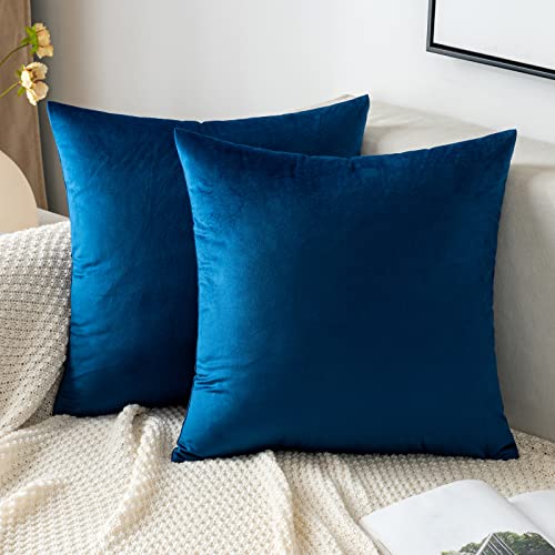 EMEMA Samt Kissenbezug Kissenhülle Dekorative Dekokissen Sofakissen Lendenkissen Wurfkissenbezug mit Verstecktem Reißverschluss Schlafzimmer Sofa 2er Set 40x40 cm Dunkelblau