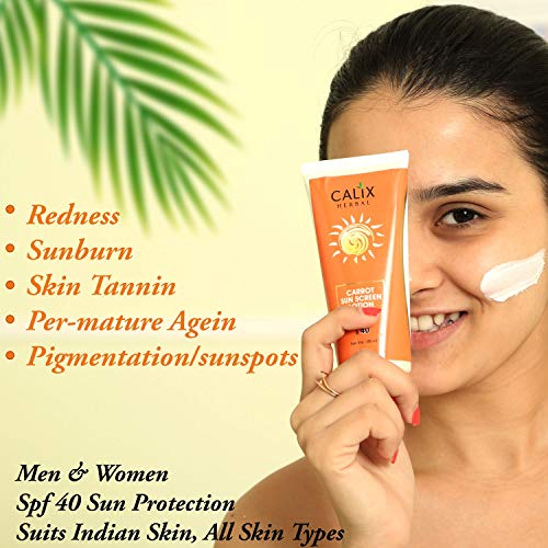 Image of Calix Herbal Ayurvedic Sunscreen SPF 40 Carrot Sun Screen Lotion For Women /Men - Sunscreen Cream For Indian Summer Condition -Help in Sun Protection From UVA /UVB Rays | For All Skin - 100 Ml