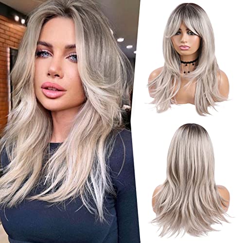 DOROJJ Grey Wig with Bangs for Women Layered Long Hair Wigs Synthetic Hair Daily Life Curtain Bangs (Grey)