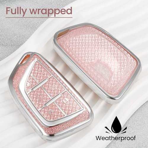 Image of Car Key Fob Cover for Cadillac escalade, Rhinestone Wristlet, Pink | Wear-resistant TPU shell, non-stretch rhinestone wristlet, daily splash, scratch and drop protection, normal signal use