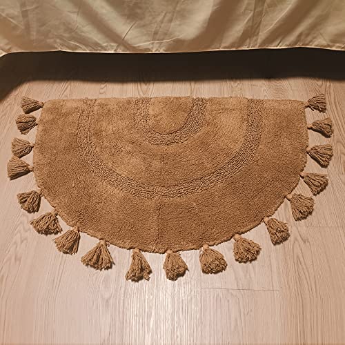 Boho Bathroom Rugs Half Circle Cotton Bath Mat With Tassels Hand-Woven Bohemian Rugs With Rug Non Slip Pad Washable Bath Rugs For Bathroom, Shower, Tub 20"X32", Yellow #TOP4