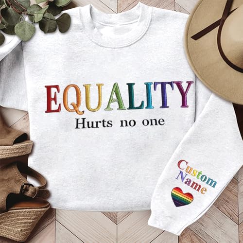 Personalized LGBTQ Sweatshirt, Pride Month Gift, Custom Rainbow Sweater with Text on Sleeve, Shirt for Pride Month2