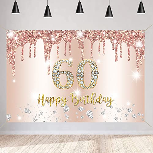 Happy 60th Birthday Party Decoration Backdrop Banner for Woman Happy 60 Years Old Fabric Sign Poster, Glitter Rosegold Photo Background 60th Birthday Decorations Party Supplies, 150x90cm