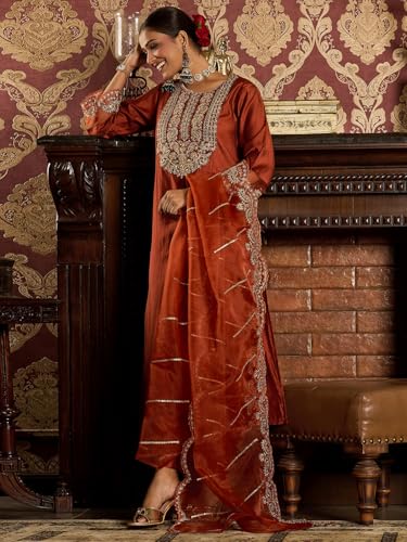 Image of INDO ERA Women's Liva Embroidered Straight Kurta & Pant With Dupatta Set (SHUTR6718)