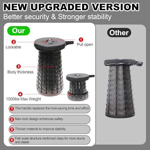 Image of ALEVMOOM 18 inch Collapsible Stool, 800lbs Max Weight, Heavy Duty Portable Retractable Folding Telescoping Foldable Camping Stool for Adults Outdoor Fishing Travel BBQ (Black)