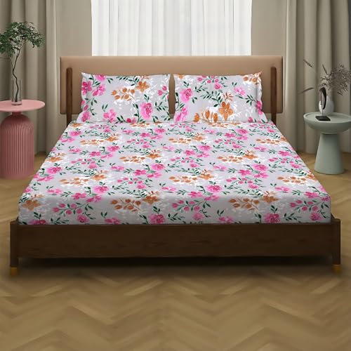 Image of la' amour Cotton Flat Double Bedsheets with 2 King Size Pillow Covers | Double Bed Breathable | Wrinklefree | Ultrasoft 180-220 tc Supersoft Floral | 90x90 Inches, White and Pink