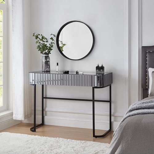 Image of Modern Vanity Table, 39 inch Mirrored Makeup Vanity Table with Stainless Steel Base, Mirrored Console Dressing Table with 2 Drawers, Versatile Desk for Bedroom and Office (Gray /109)