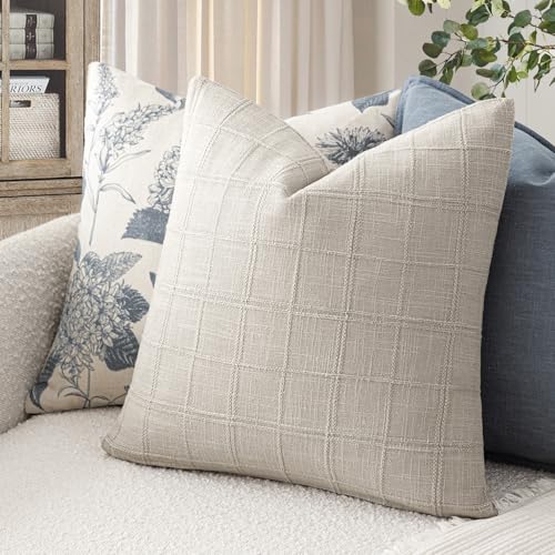 Image of Foindtower Set of 1 Decorative Linen Check Throw Pillow Cover Neutral Farmhouse Vintage Cushion Cover Modern Boho Accent Home Decor for Sofa Chair Couch Bedroom Living Room,18x18 Inch,Light Grey
