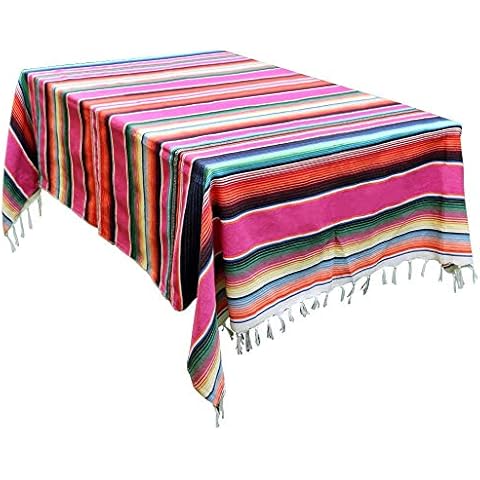 boogift Mexican Blanket Striped Tassel Tablecloth 59 x 84 Inch for Mexican Wedding Party Decorations, Large Square Cotton Mexican Table Cover,Purple Stripes Table Cloth,Mexican Style Cover