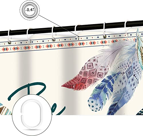 Wathon Feathers Shower Curtain Beige Aztec Tribal Design, Boho Bohemian Bathroom Decorative Curtain With Jewel Toned Feathers, Aesthetic Boho Bath Curtain Be Brave 72X72In #TOP4