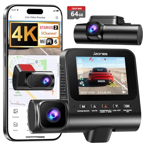 4K 3 Channel Dash Cam Front and Rear, Dash Camera for Cars, STARVIS 2 Sensor Dash Camera with HDR Night Vision, 24H Parking Mode Car Camera with GPS, Loop Recording
