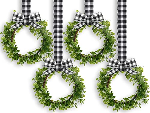 4 Pieces Faux Kitchen Cabinet Wreaths Boxwood Wreaths With Ribbon Artificial Green Leaves Wreaths Decorative Hanging Wreaths For Cabinet Wall Window Front Door Decors (Black And White, Fabric) #TOP29