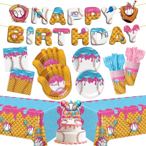 172pcs Ice Cream Drip Baseball Party Supplies Paper Plates Napkins Disposable Tableware Set Paper Cups Banner Tablecloths Cake Topper Baseball Birthday Decorations for Boys Birthday Decor 24 Guests