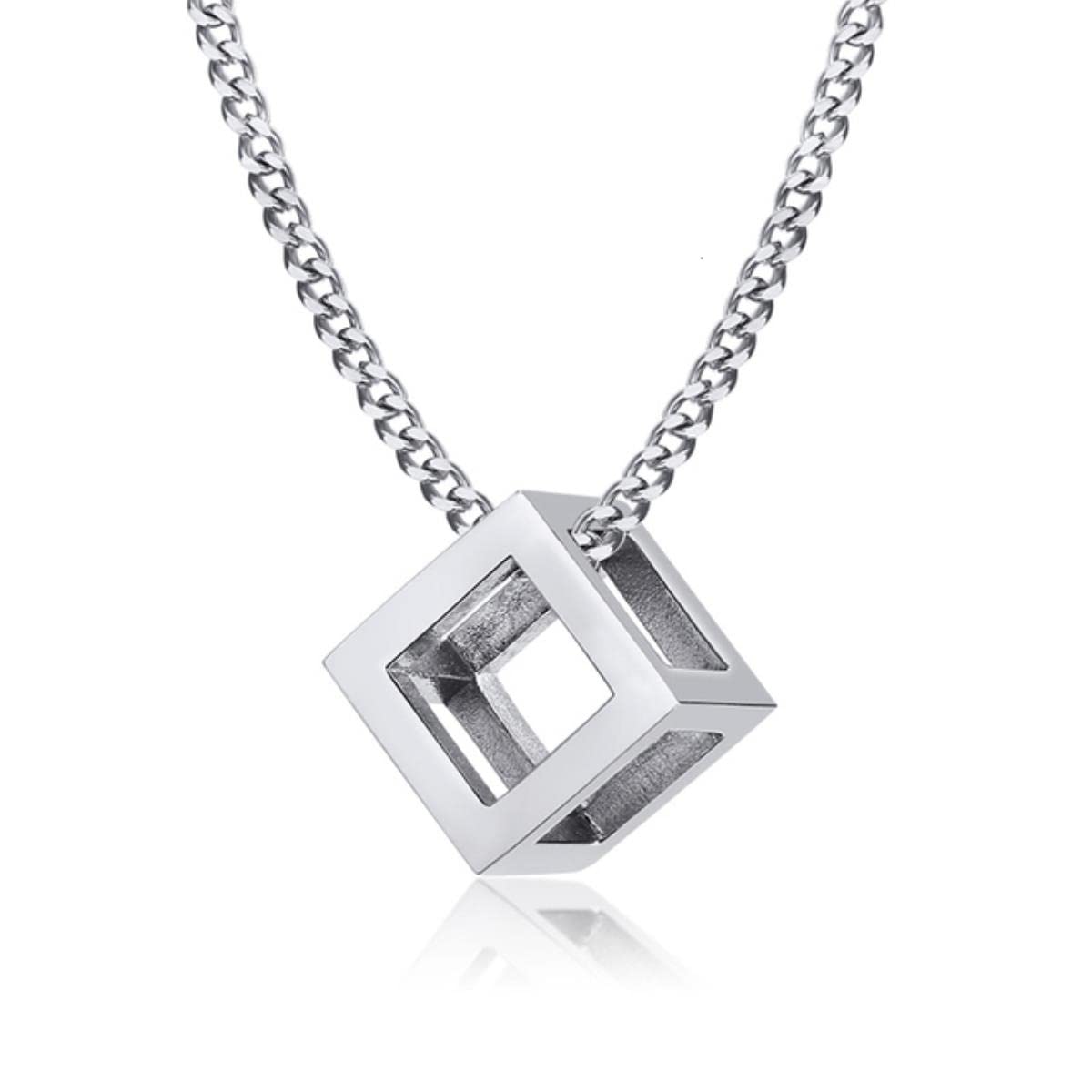 YAHOYA MODERN MINIMALIST CUBE NECKLACE MENS GEOMETRIC PENDANT STAINLESS STEEL 3D DESIGNED HIPSTER MAN JEWELRY