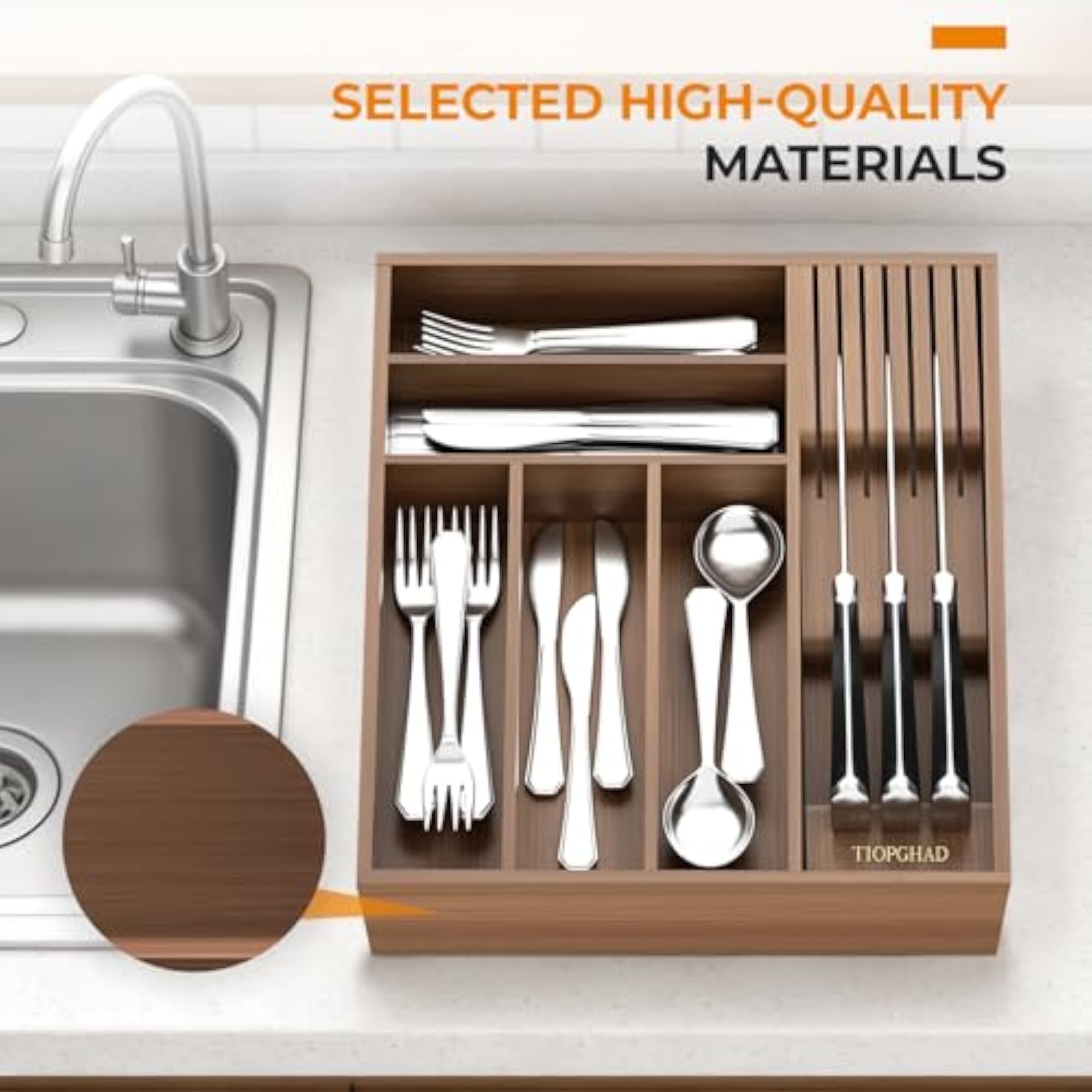Small Bamboo Silverware Drawer Organizer, Expandable Kitchen Cutlery Tray