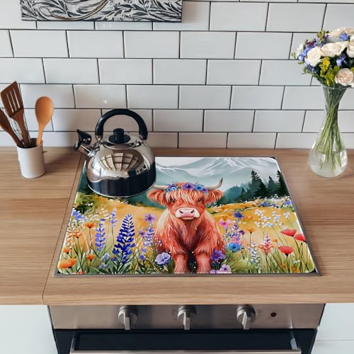 Image of Highland Cow Stove Top Cover for Electric Stove, Highland Cows Range Covers, Flower Range Top Mats, Glass Cooktop Covers 28x20 inch, Cute Animal Spring Cooktop Cover for Kitchen Holiday Home Decor