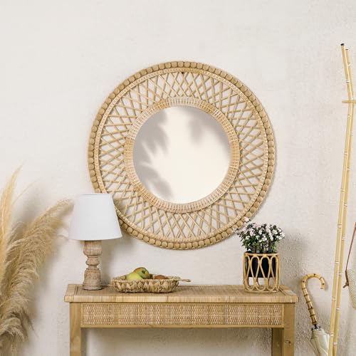 Image of Round Beaded Rattan Wall Mirror - 28x28 Inch Boho Elegance with Woven Frame and Wooden Bead Trim, Decorative Mirror for Bathroom Vanity Entryway Living Room
