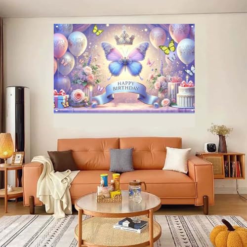 Image of Happy Birthday Banner for Women Girl | Butterfly Floral Theme Backdrop 71x43.3 inch polyester fabric; reusable; ideal photo decor for girls & women birthday parties