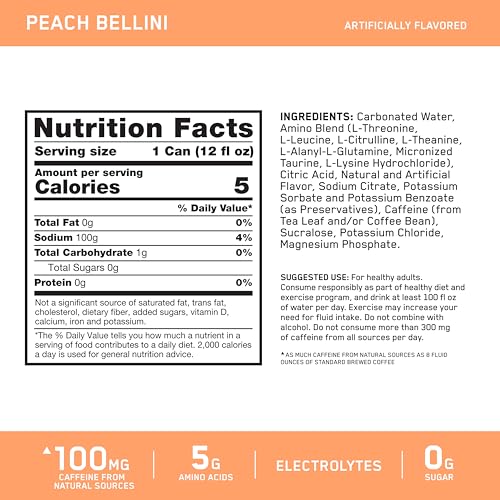 Image of Optimum Nutrition Amino Energy Sparkling Hydration Drink,Electrolytes,Caffeine,Amino Acids,BCAAs,Sugar Free,Peach Bellini,12 Fl Oz,(Packaging May Vary),12 Count (Pack of 2)