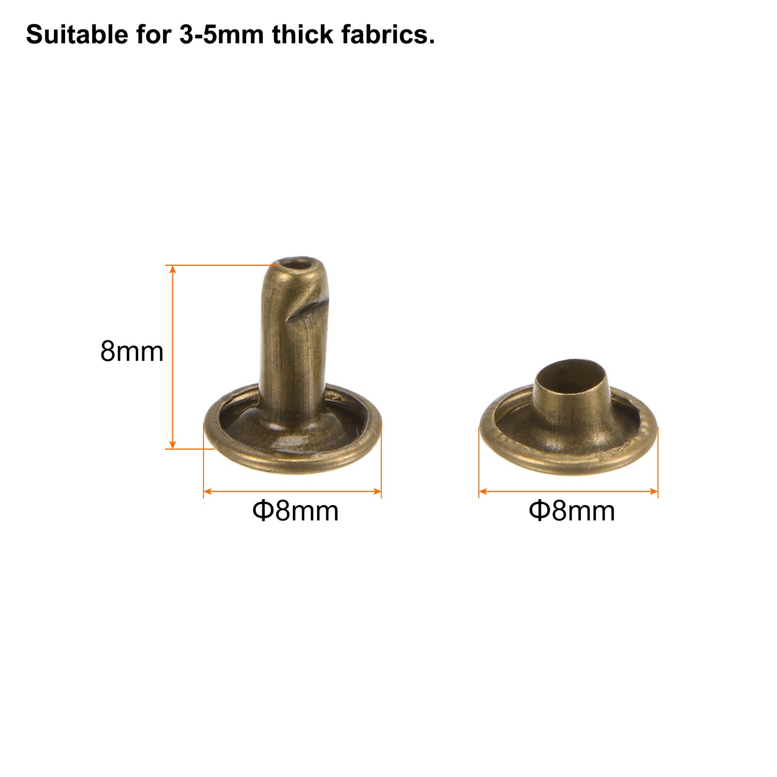 QUARKZMAN 100 Set di Rivetti in Pelle 8 x 8mm Elementi Fissaggio per Borchie con Rivetto a Doppio Cappuccio Metallo con 3 Rivetti Strumenti Impostazione per Artigianato Pelle, Tono Bronzo