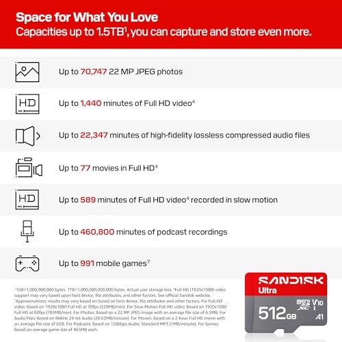 Image of SANDISK 512GB Ultra microSD UHS-I Card - Up to 195MB /s Read Speed, Full HD Video, V10, U1, C10, A3 - SDSQUJQ-512G-GZ6MA