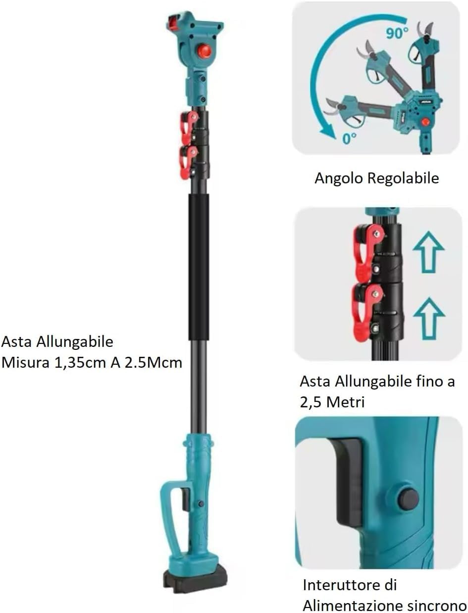 Kit Forbice da Potatura a Batteria 3 in 1, Motosega a Batteria 6 Pollici, Cesoie Elettriche con Asta Telescopica 128-248cm, 2 Batterie Incluse – Taglio Rami Alberi Giardino Arbusti Vigneto