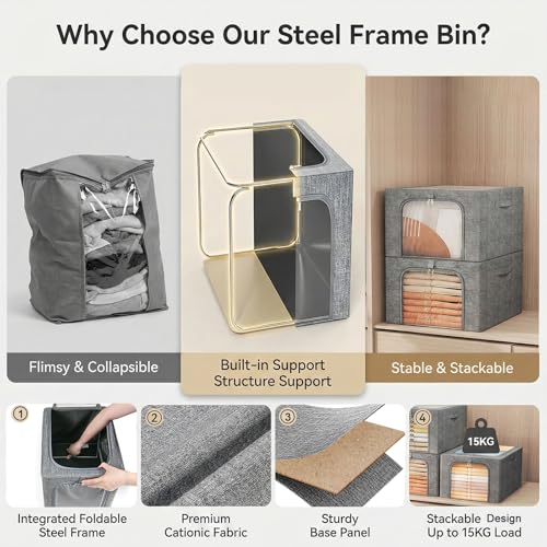 Image of GoMaihe Clothes Storage Bins Metal Frame: 3-Pack Compact Stackable Closet Storage Bin with Lid & Clear Window, Space Saving Organizer for Sweaters Kids Clothes (Dorm /Closet 27L)