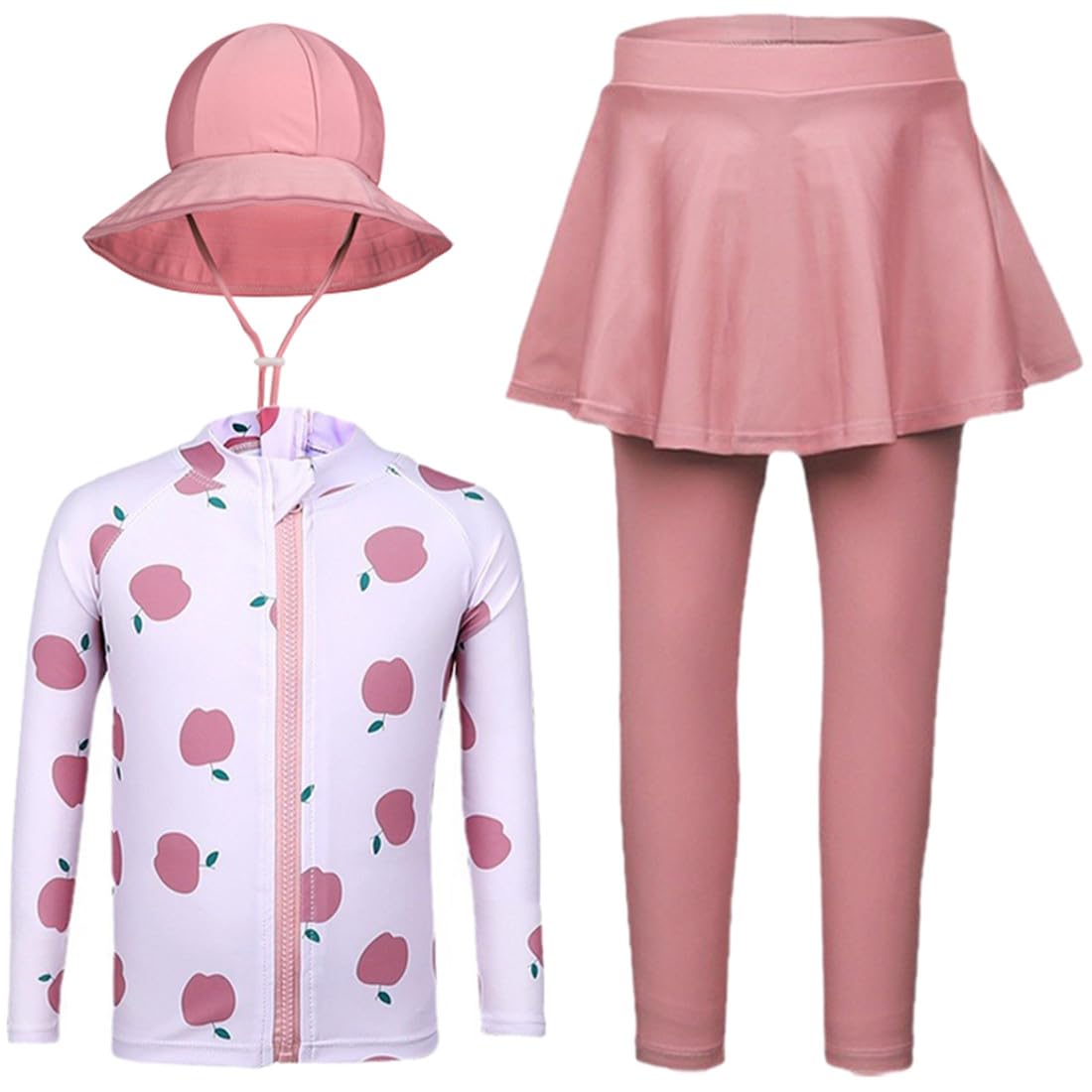 3 Pcs Youth Girls Swimsuit Long Sleeve Fruit Print Rash Guard UPF 50 Swimwear Sun Protection Hat Bathing Suits Light Pink