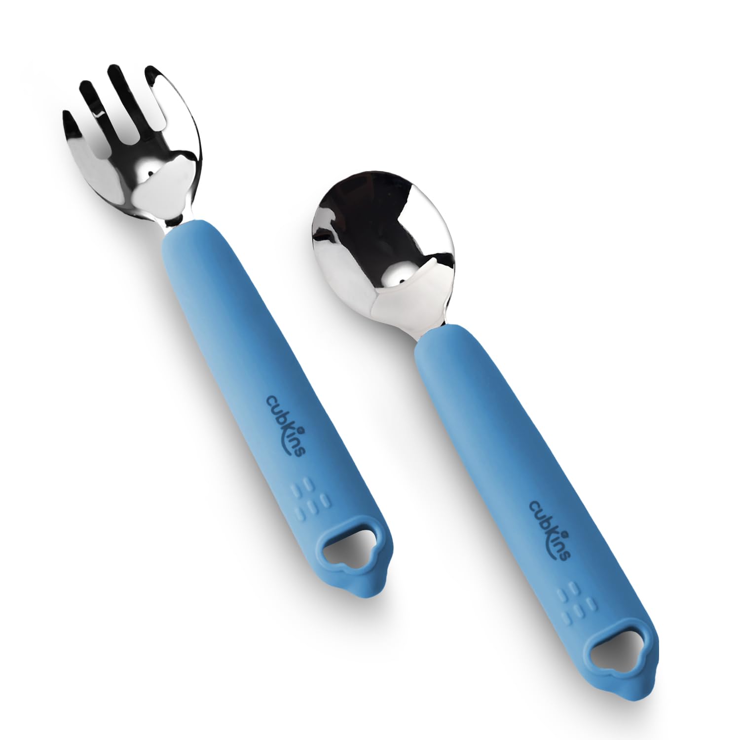 Cubkins Steel Spoon & Fork Set for Babies with Soft Silicone Handle and Cover | Non Toxic, Food Safe and BPA Free | Washable and Reusable (Blue Olive) - Image 2 thumbnail