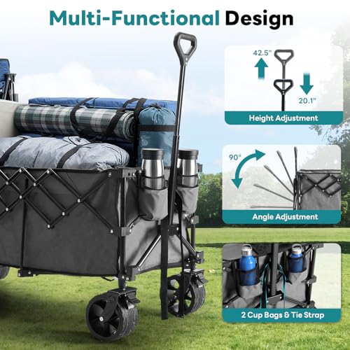 Image of DUMOS 49''L Collapsible Extended Wagon with 440LBS Capacity, Heavy Duty Wagons Garden Cart with All-Terrain Big Wheels & Drink Holders, 250L Foldable Carts for Sports, Shopping, Camping, Grey