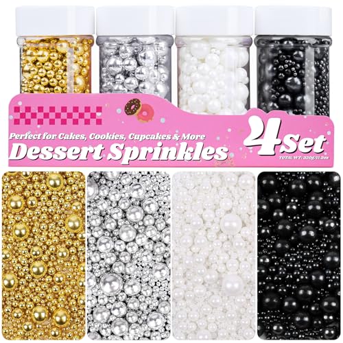 Image of Pearl Sprinkles, 11.3oz Edible Pearls White Silver Black Gold Sprinkles | 6 Sizes 4 Colors Set for Cakes Cupcakes Cookies Baking