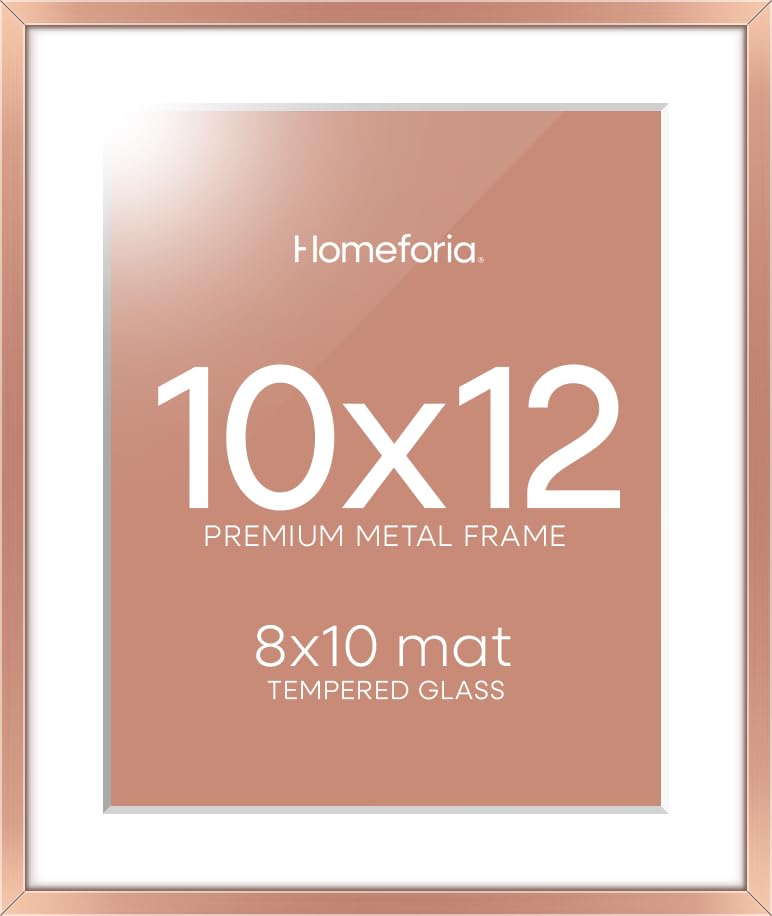 Homeforia 10x12 Picture Frame Rose Gold, High End Metal 10x12 Wall Hanging Frame with Mat 8x10, 10 x 12 Poster Frame Matted to 8 x 10 inch Photo, 10by12 Thin Frames, Tempered Glass, Wall Kit, Set of 1