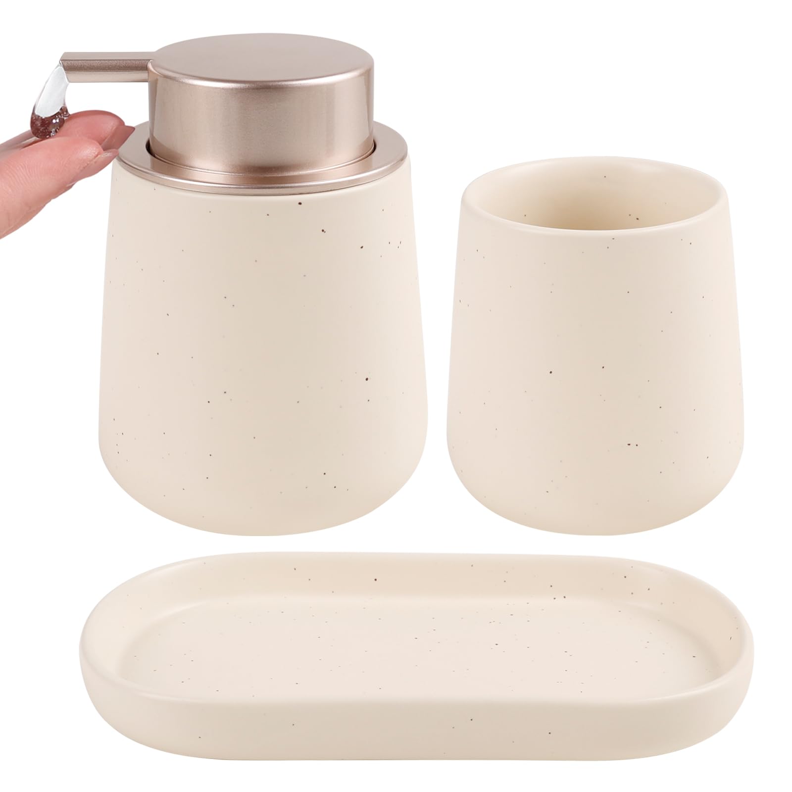 BosilunLife Set di accessori per il bagno, set di 3 dispenser di sapone da bagno in ceramica, set di accessori decorativi, dispenser di sapone e portaspazzolino (liquido beige tascabile)